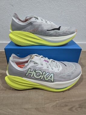 Hoka Men's Mach X2 Lightweight Runner in White and Neon Yellow